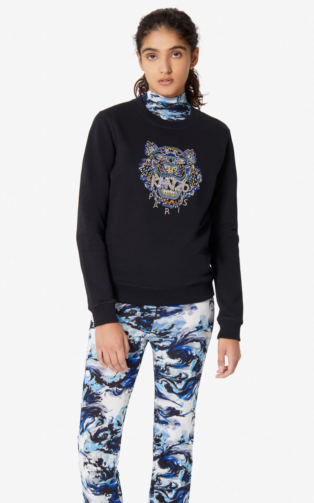 Kenzo Tiger hand embroidered Sweatshirt Bayan Siyah | 7348-FYIXB